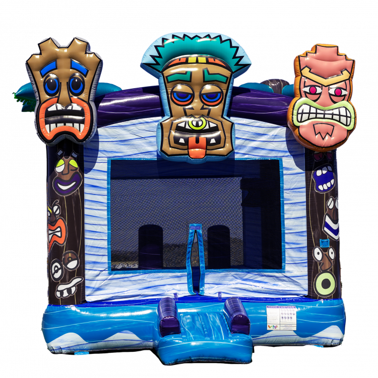 Tiki themed inflatable featured in bounce house rentals in Magnolia, TX set up for a backyard party event