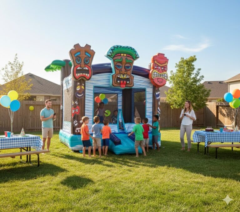 A tiki unit from our bounce house rentals in magnolia tx set up for a backyard birthday party with kids jumping.