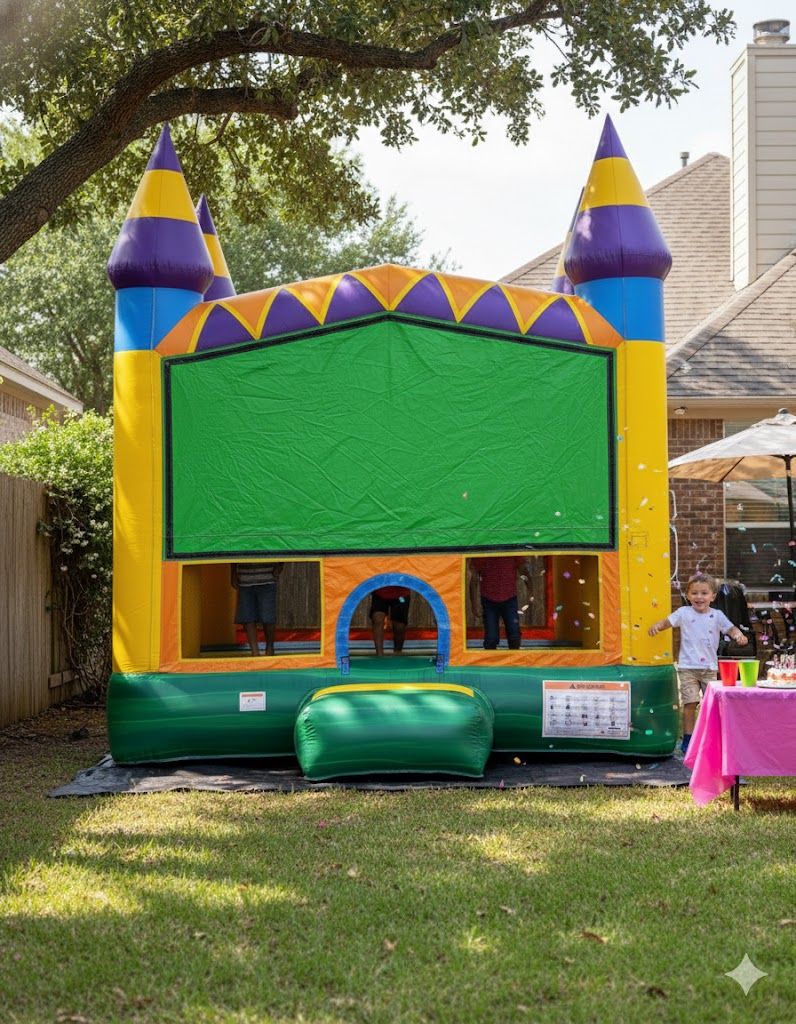 Colorful castle bounce house rentals in Magnolia, TX set up in a grassy suburban backyard for a child’s birthday party with residential homes in the background.