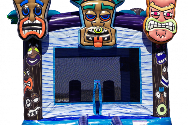 Tiki themed inflatable featured in bounce house rentals in Magnolia, TX set up for a backyard party event